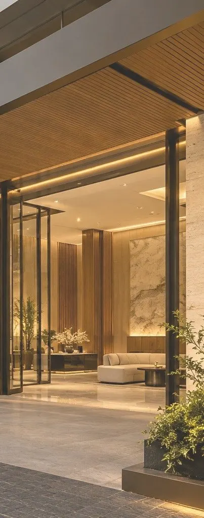Hotel-style lobby at dusk with timber-lined soffit, stone feature wall and stone flooring