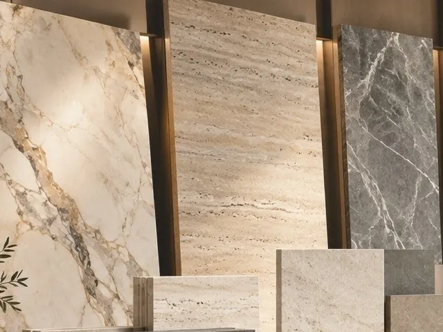Marble, travertine and grey marble slabs leaning against a wall