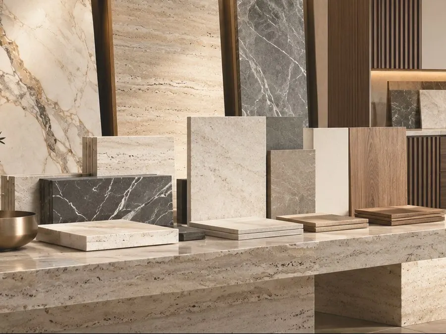 Stone, tile and timber samples arranged on a travertine bench