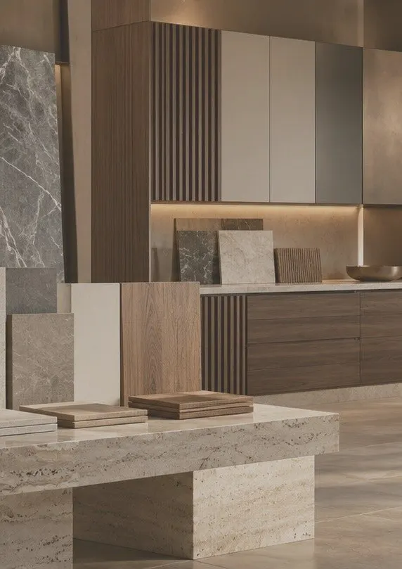 Fluted timber joinery with stone and timber samples on a travertine plinth